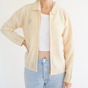 Vintage Karen Scott Sport Cream Knit Zip Snowflake Embellished Cardigan S